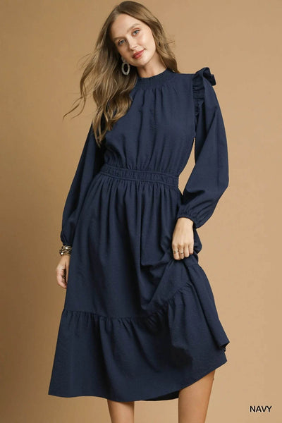 Umgee Textured Midi Dress with Ruffle Shoulder Detail - Ebony's Shopping