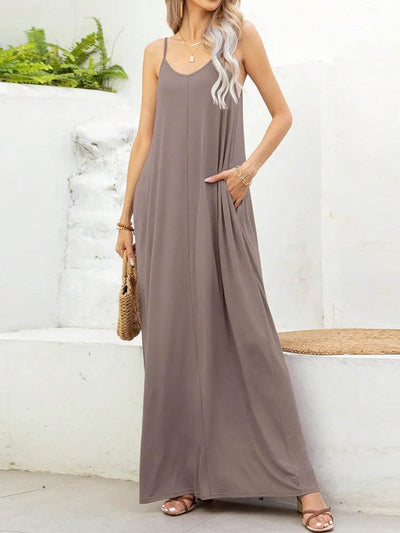 V-Neck Maxi Cami Dress with Pockets - Ebony's Shopping