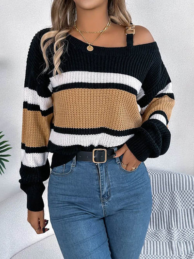 Color Block Asymmetrical Neck Long Sleeve Sweater - Ebony's Shopping