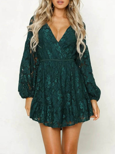 Lace V-Neck Long Sleeve Mini Dress - Ebony's Shopping