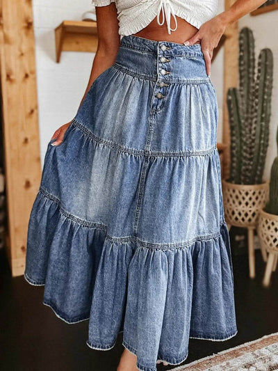 Tiered Button-Fly Denim Skirt - Ebony's Shopping