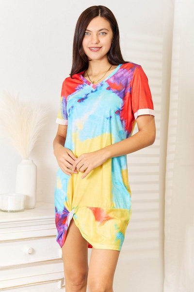 Shiny Tie-Dye V-Neck Twisted Dress - Ebony's Shopping