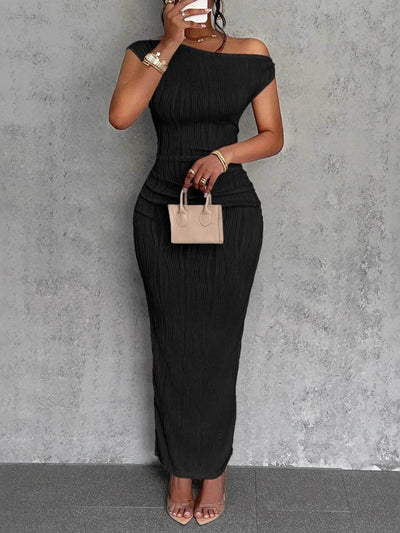 Textured Single Shoulder Bodycon Maxi Dress - Ebony's Shopping