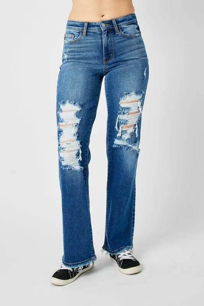 Judy Blue Full Size Mid Rise Distressed Raw Hem Jeans - Ebony's Shopping