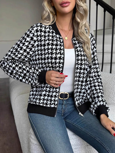 Zip Up Houndstooth Pattern Jacket - Ebony's Shopping
