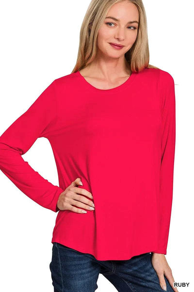 Zenana Flowy Round Hem Rayon Long Sleeve Top - Ebony's Shopping