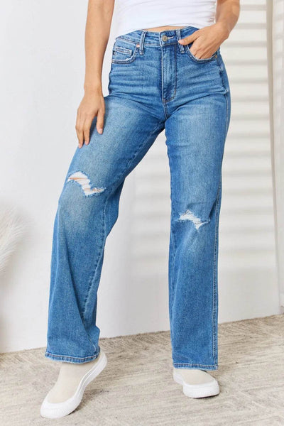 Judy Blue Full Size High Waist Distressed Straight-Leg Jeans - Ebony's Shopping