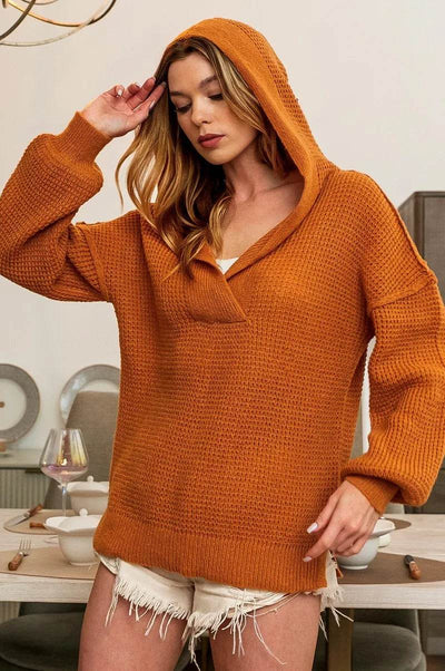 BiBi Raw Edge Detail V-Neck Sweater Hoodie - Ebony's Shopping