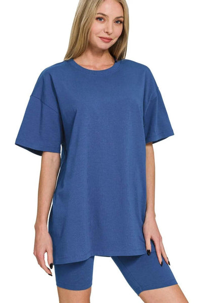 Zenana Cotton Round Neck Top & Biker Shorts - Ebony's Shopping