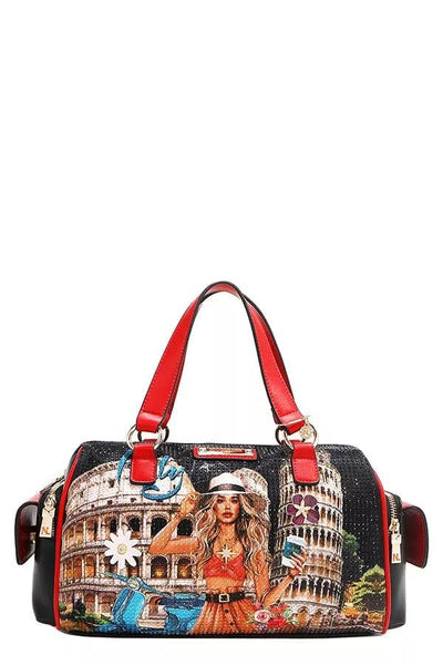 Nicole Lee USA Martha Travels Italy Wide Handbag with Rhinestones - Ebony's Shopping