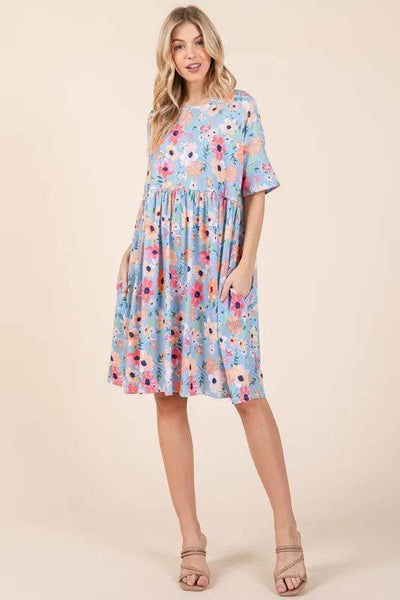 BOMBOM Floral Shirred Dress with Pockets - Ebony's Shopping