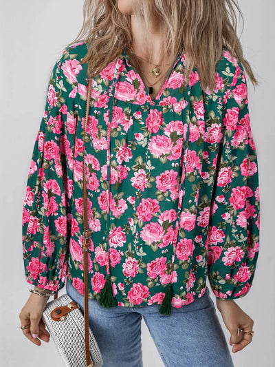 Floral Printed Tied Collar Puff Sleeve Blouse - Ebony's Shopping