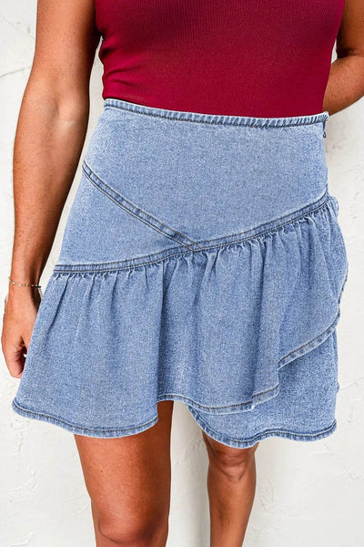 Asymmetric Ruffle Overlay Denim Mini Skirt - Ebony's Shopping