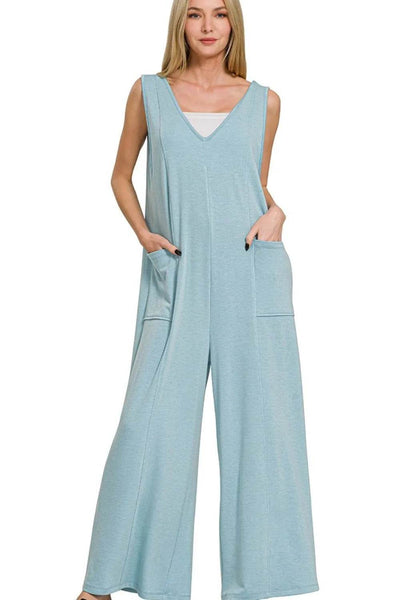 Zenana French Terry Deep V Neck Jumpsuits - Ebony's Shopping