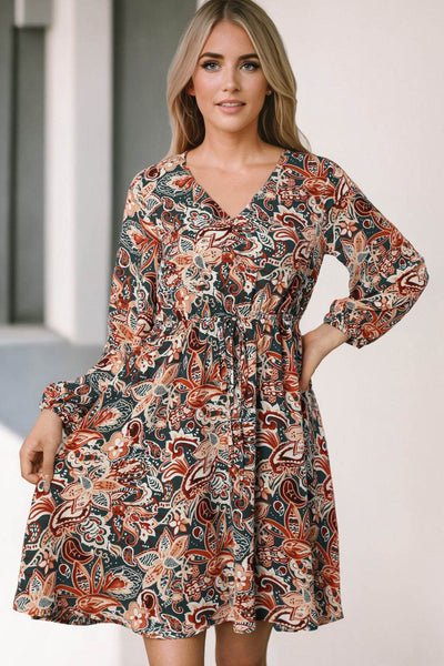 Printed V-Neck Mini Dress - Ebony's Shopping