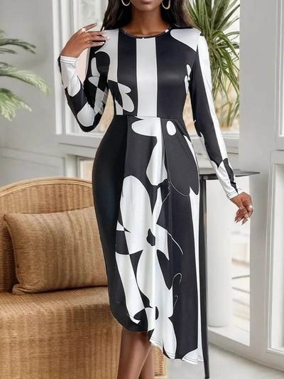 Perfee Asymmetrical Slit Round Neck Long Sleeve Midi Dress - Ebony's Shopping
