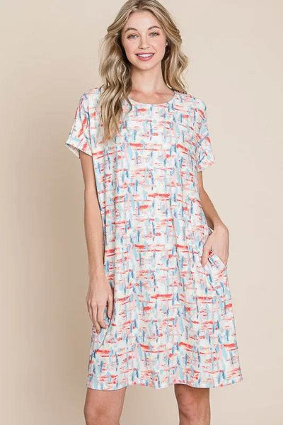 BOMBOM Printed Round Neck Short Sleeve Tee Dress - Ebony's Shopping
