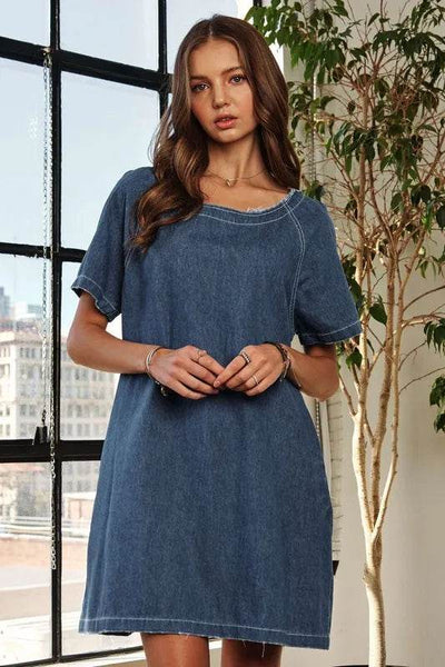 ADORA Raw Hem Mini Denim Dress with Pockets - Ebony's Shopping