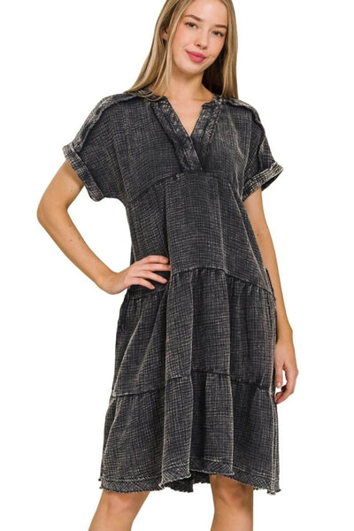 Zenana Washed Double Gauze Raw Edge V-neck Dress - Ebony's Shopping