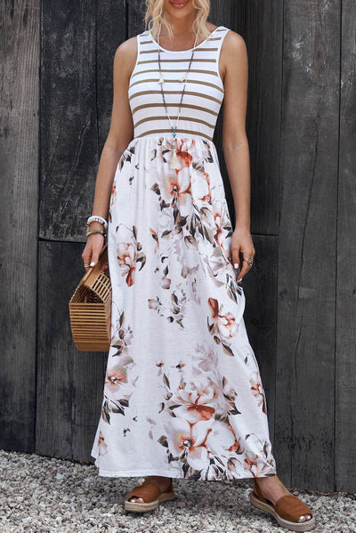Striped Floral Round Neck Sleeveless Maxi Dress - Ebony's Shopping