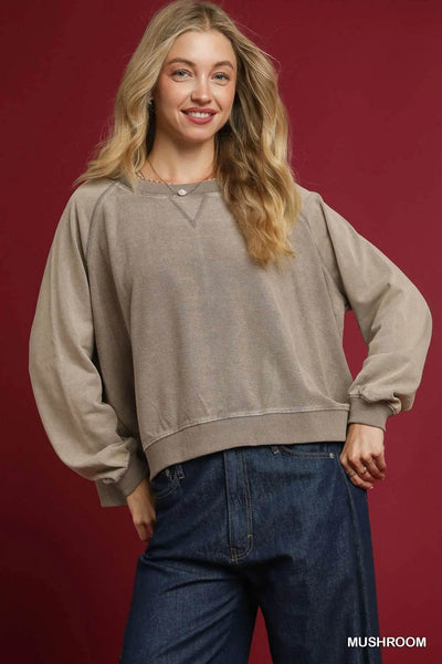 Umgee Mineral Wash French Terry Sweatshirt - Ebony's Shopping