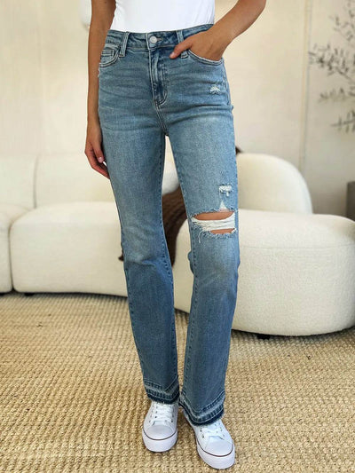 Judy Blue Full Size Mid Rise Destroyed Hem Distressed Jeans - Ebony's Shopping