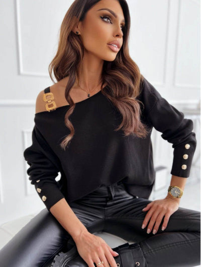Asymmetrical Neck Buttoned Top - Ebony's Shopping