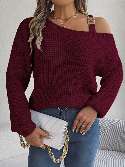 Asymmetrical Neck Long Sleeve Sweater - Ebony's Shopping