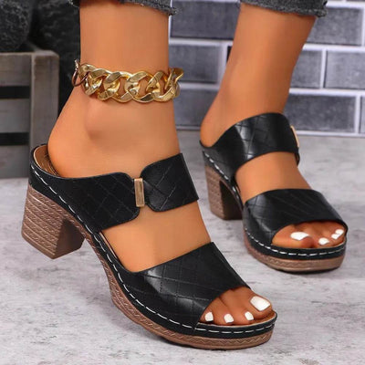 PU Leather Block Heel Sandals - Ebony's Shopping