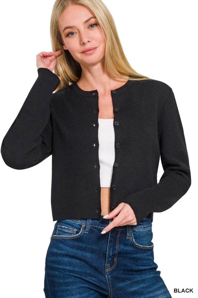 Zenana Button-Front Crewneck Long Sleeve Cropped Cardigan - Ebony's Shopping