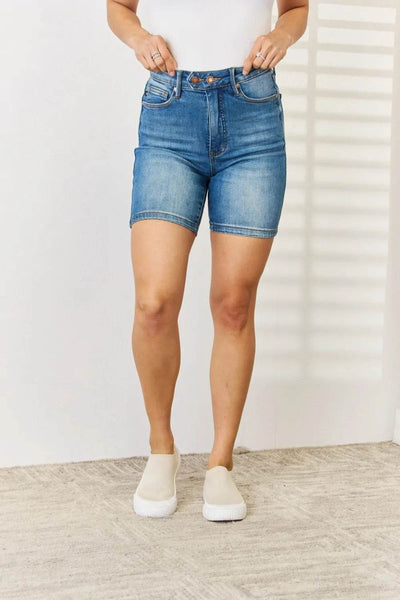 Judy Blue Full Size Tummy Control Double Button Bermuda Denim Shorts - Ebony's Shopping