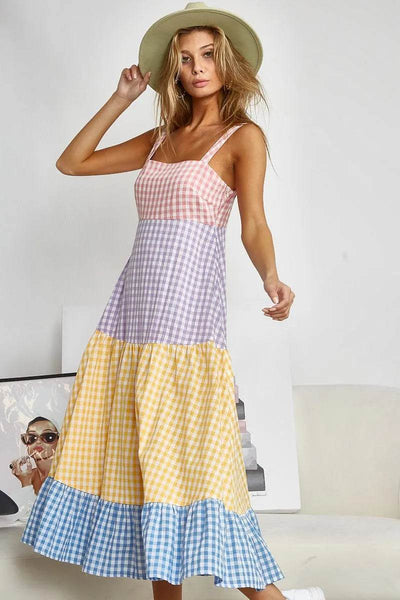 BiBi Color Block Tiered Gingham Dress - Ebony's Shopping