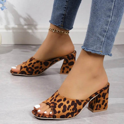 Leopard Block Heel Suede Sandals - Ebony's Shopping