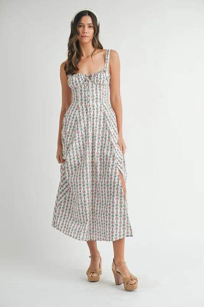 MABLE Floral Print Bustier Back Lace Up Midi Dress - Ebony's Shopping