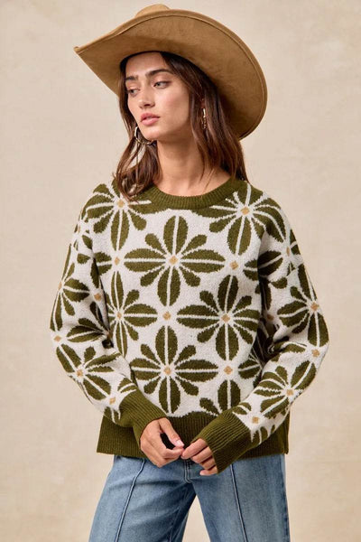 Flower Pattern Long Sleeve Sweater - Ebony's Shopping