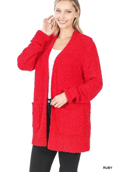 Zenana Long Sleeve Popcorn Sweater Cardigan with Pockets - Ebony's Shopping