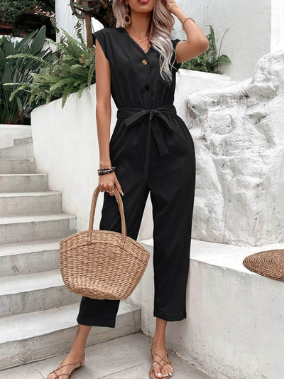 Button-Front Tie Waist Jumpsuit - Ebony's Shopping