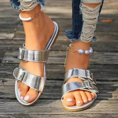 Open Toe Double Buckle Sandals - Ebony's Shopping