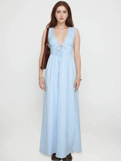 Plaid Tie Front Sleeveless Maxi Dress - Ebony's Shopping