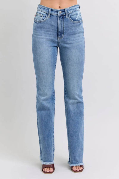Judy Blue Full Size Raw Hem High Rise Bootcut Jeans - Ebony's Shopping