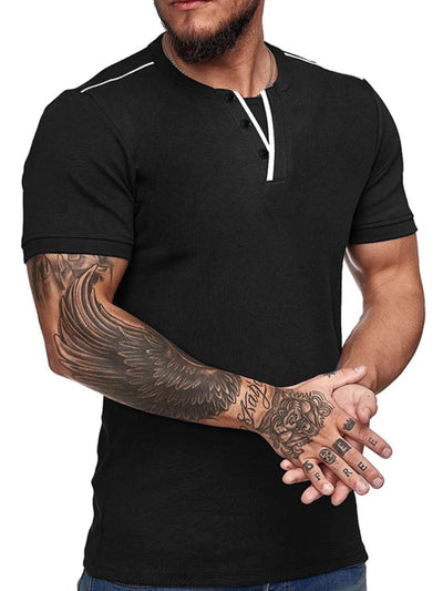 Men's Casual Henley Short Sleeve T-Shirt with Contrast Trim - Ebony's Shopping