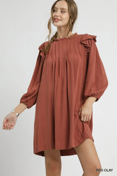Linen Ruffle Shoulder Pleated Babydoll Dress - Ebony's Shopping