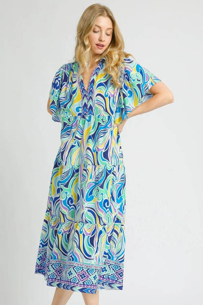 Umgee Printed Short Sleeve Tiered Midi Dress - Ebony's Shopping