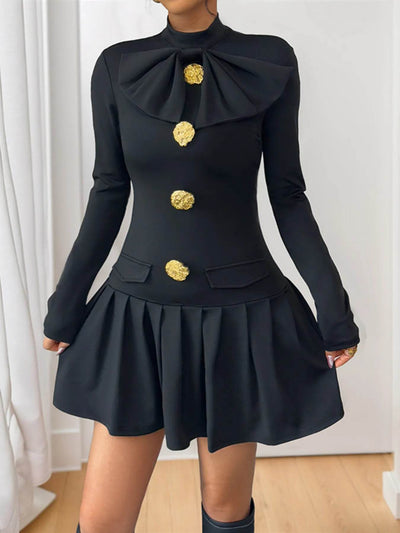 Decorative Button Mock Neck Long Sleeve Mini Dress - Ebony's Shopping