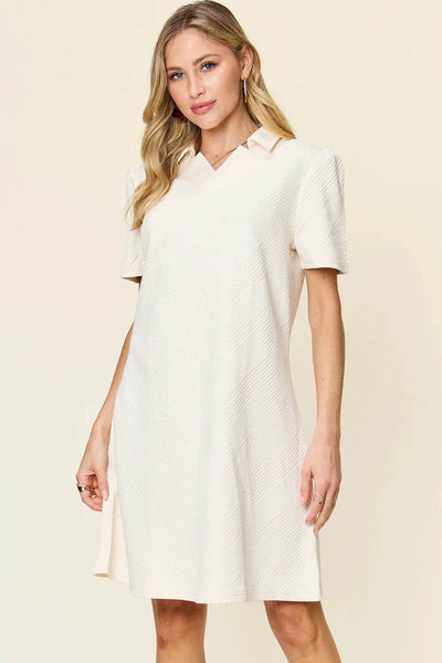 Double Take Full Size Texture Collared Neck Short Sleeve Dress - Ebony's Shopping