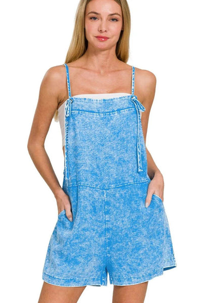 Zenana Washed Linen Knot Strap Rompers - Ebony's Shopping