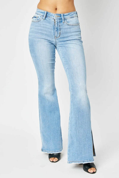 Judy Blue Full Size Mid Rise Raw Hem Slit Flare Jeans - Ebony's Shopping