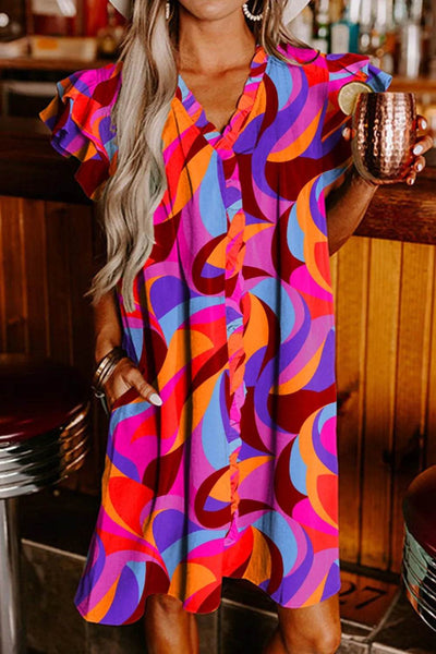 Ruffled Contrast Print Cap Sleeve Mini Dress - Ebony's Shopping