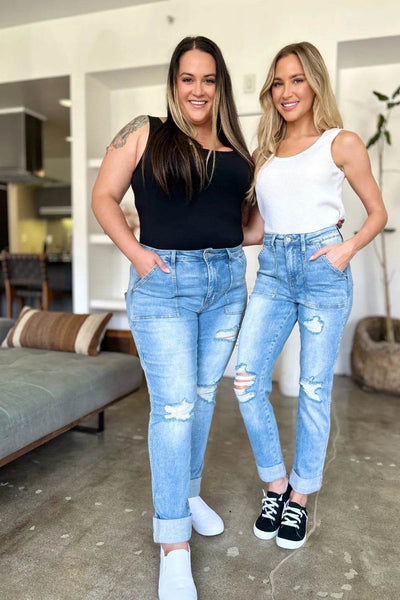 Judy Blue Full Size Distressed Straight Jeans with Patch Pockets - Ebony's Shopping