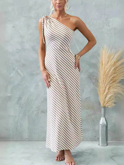 One Shoulder Striped Maxi Dress - Ebony's Shopping